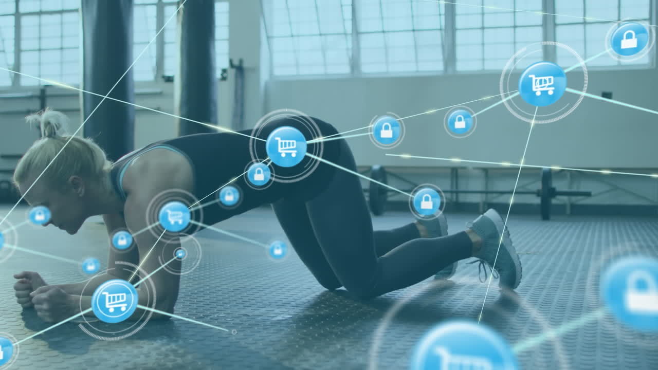 체육관에서 플랜크 운동을 연습하는 백인 여성 위의 선으로 연결된 아이콘의 애니메이션