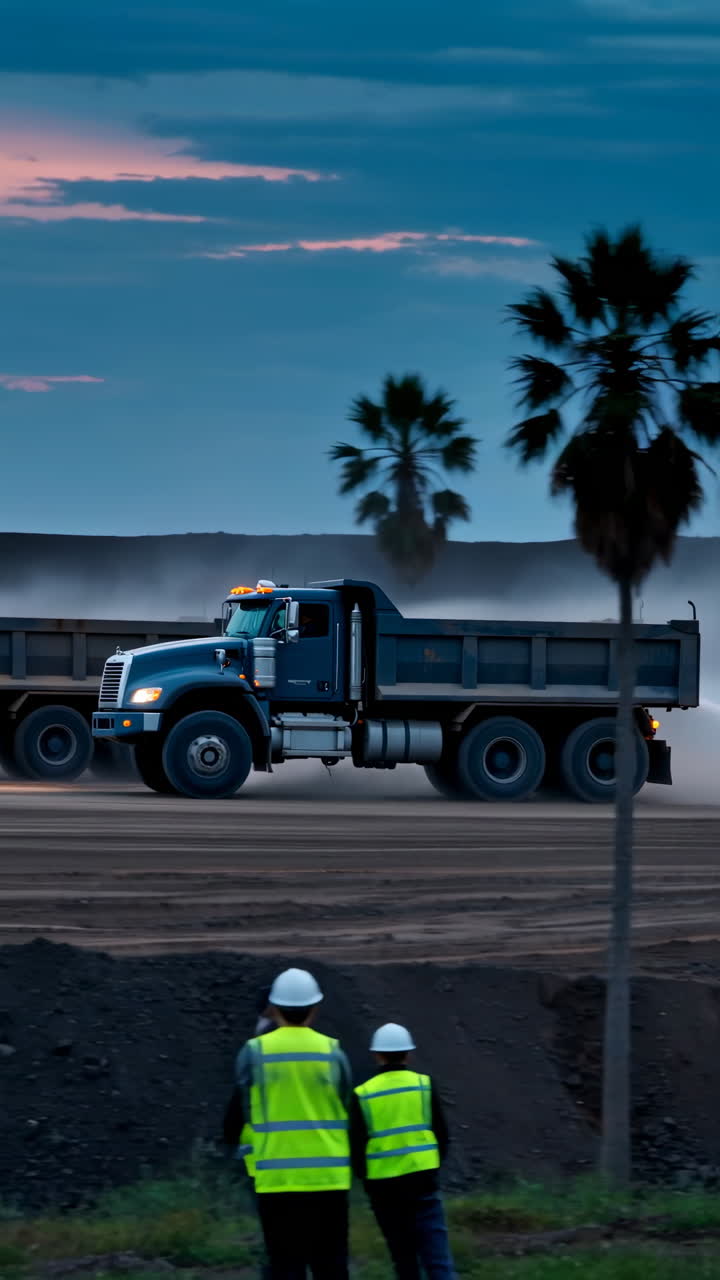 Dump Trucks and Workers at a Dusty Construction Site at Twilight