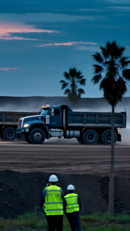 dump trucks and workers at a dusty construction site at twilight