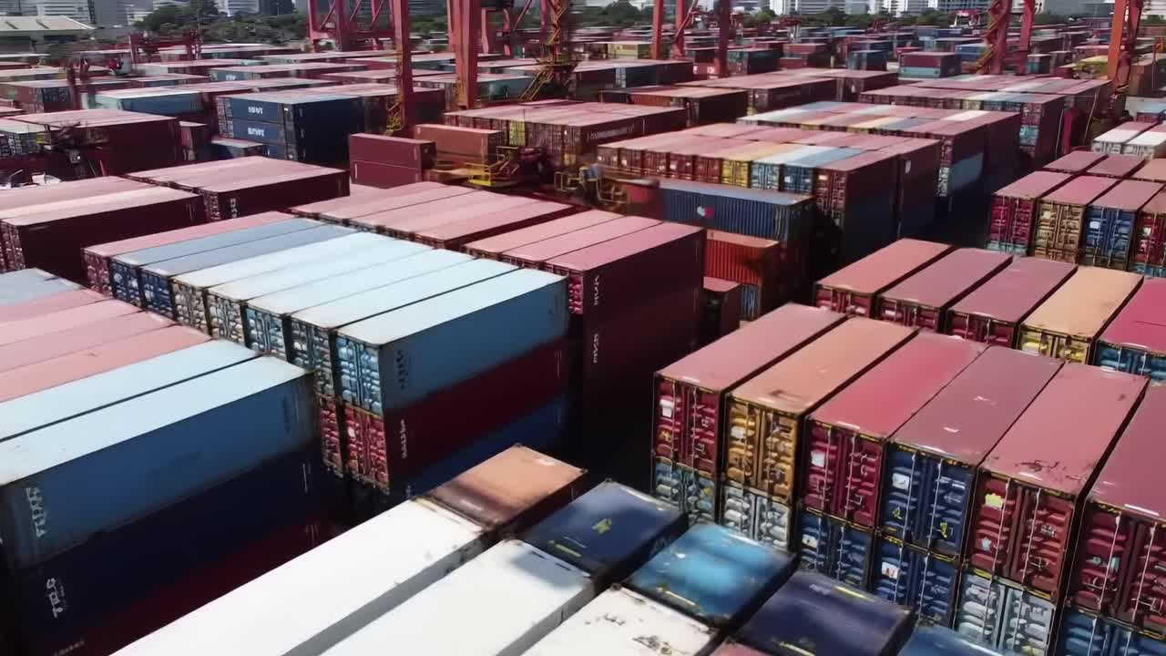 Workers maneuver cranes among rows of colorful shipping containers at a bustling port. The activity showcases the logistics and shipping industry in action, highlighting efficiency and coordination.