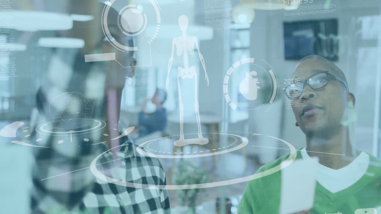 Animation of data processing over diverse business people at office