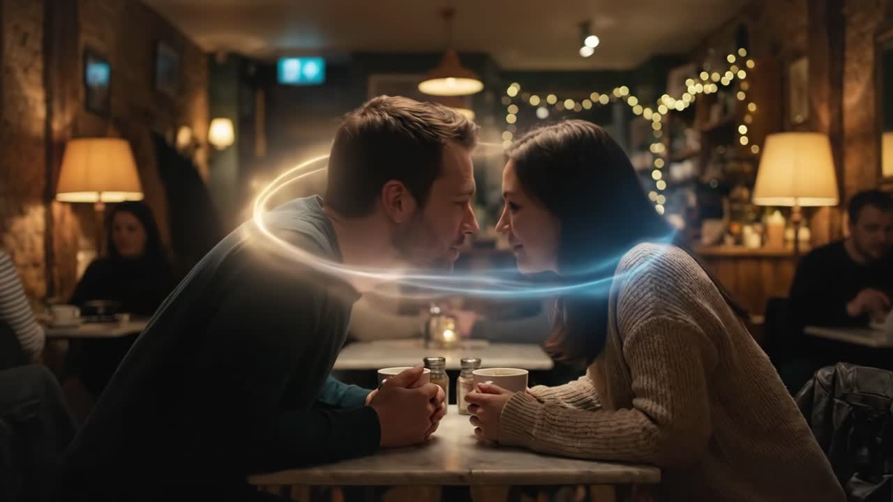 Una coppia condivide un momento romantico con un'intesa luminosa in un caffè accogliente.