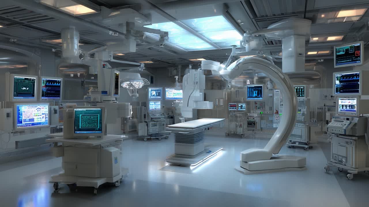 A High-Tech Surgical Room Showcasing Advanced Medical Equipment and Monitors, Ready for Innovative Procedures in a State-of-the-Art Healthcare Facility