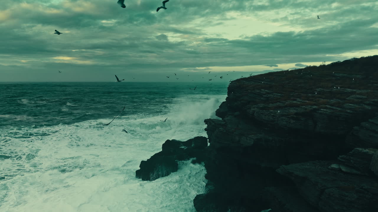 Dramatic Ocean Waves Crashing Against Rocky Cliff with Flying Seagulls ...