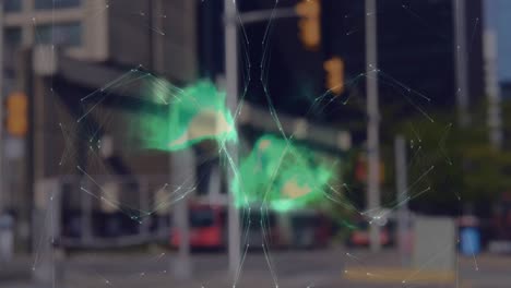 animación del globo de la red de conexiones a través de la onda digital verde contra el tráfico de la ciudad