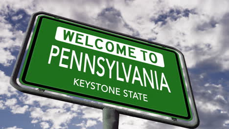 welcome to pennsylvania, usa state road sign, keystone state nickname, realistic 3d animation