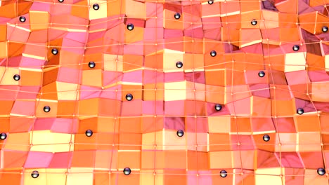 low poly 3d surface with flying grid or mesh and black spheres as corporate background. soft geometric low poly background of pure pink orange red polygons. 4k fullhd seamless loop background