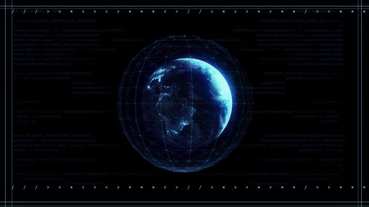 Global digital sphere visual with blue planet code layers grid frame and dark technology interface