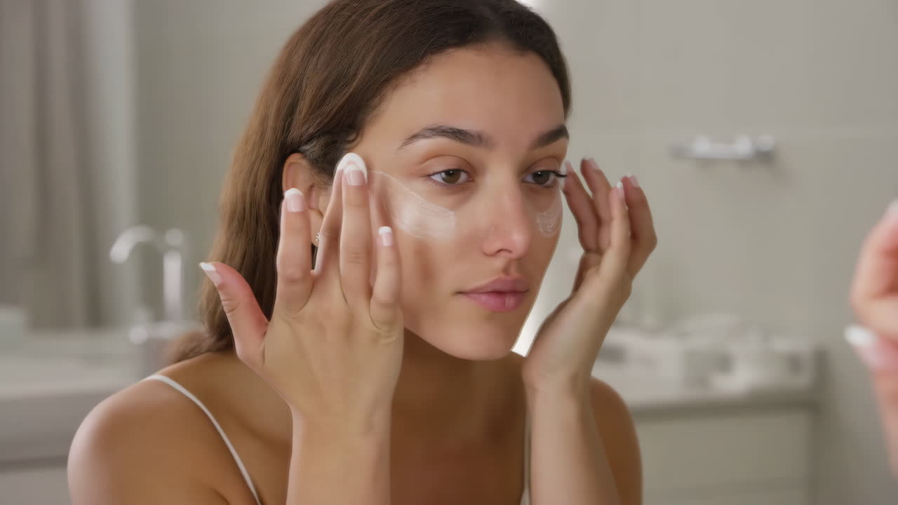 Woman applying face cream as part of her skincare routine