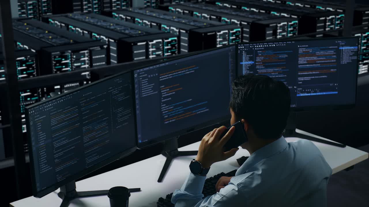 vista trasera de un hombre asiático cansado bostezando mientras trabajaba con un simulacro de varios monitores de computadora en el centro de datos
