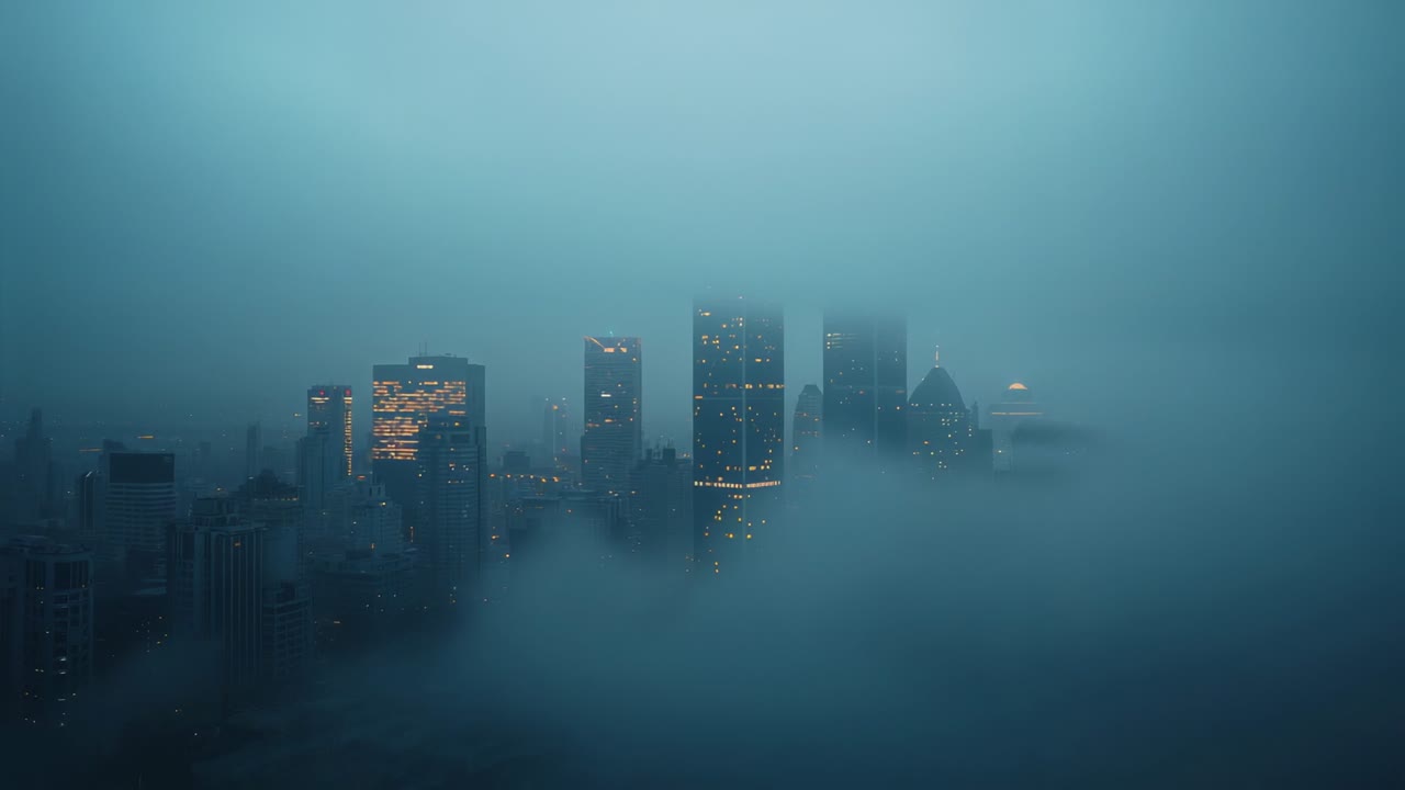 Sunrise light warming horizon fog lifting from skyscrapers downtown and showing lit windows