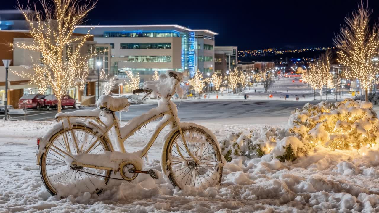 A Charming Winter Scene: A Snow-Covered Bicycle Amidst Festive Lights and a Winter Wonderland Streetscape at Night