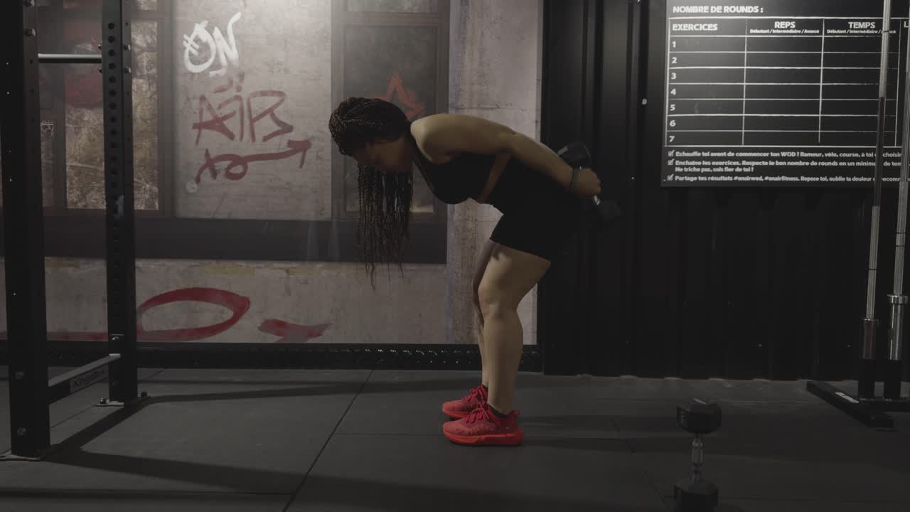 Woman performs tricep kickbacks with a dumbbell, leaning forward with bent knees in a gym setting