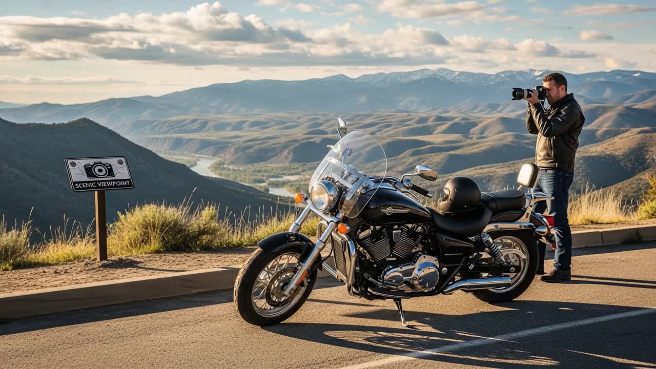 A Scenic Viewpoint Adventure: Capturing the Beauty of the Landscape While Enjoying a Ride on a Motorcycle in the Mountains