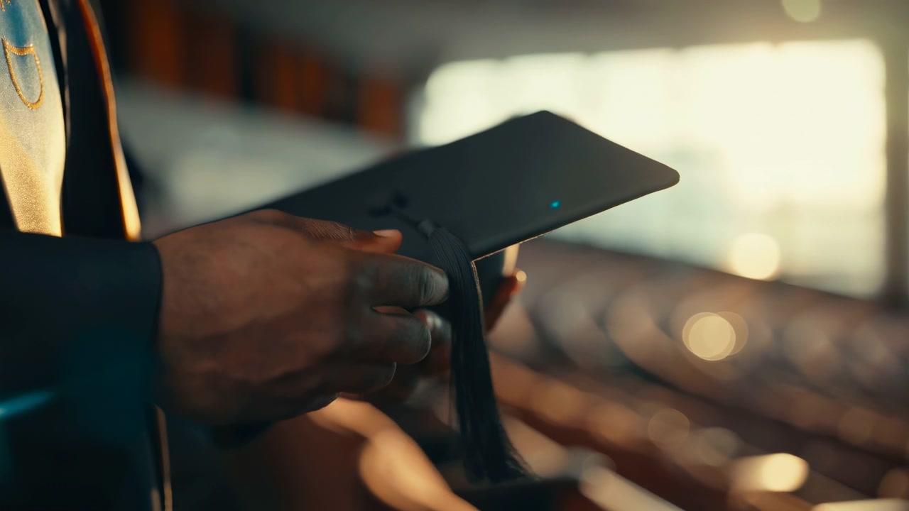 Close-up view shows graduate hands holding and adjusting mortarboard cap and tassel inside sunlit auditorium, with warm backlight, soft bokeh, formal seating, and academic ceremony atmosphere