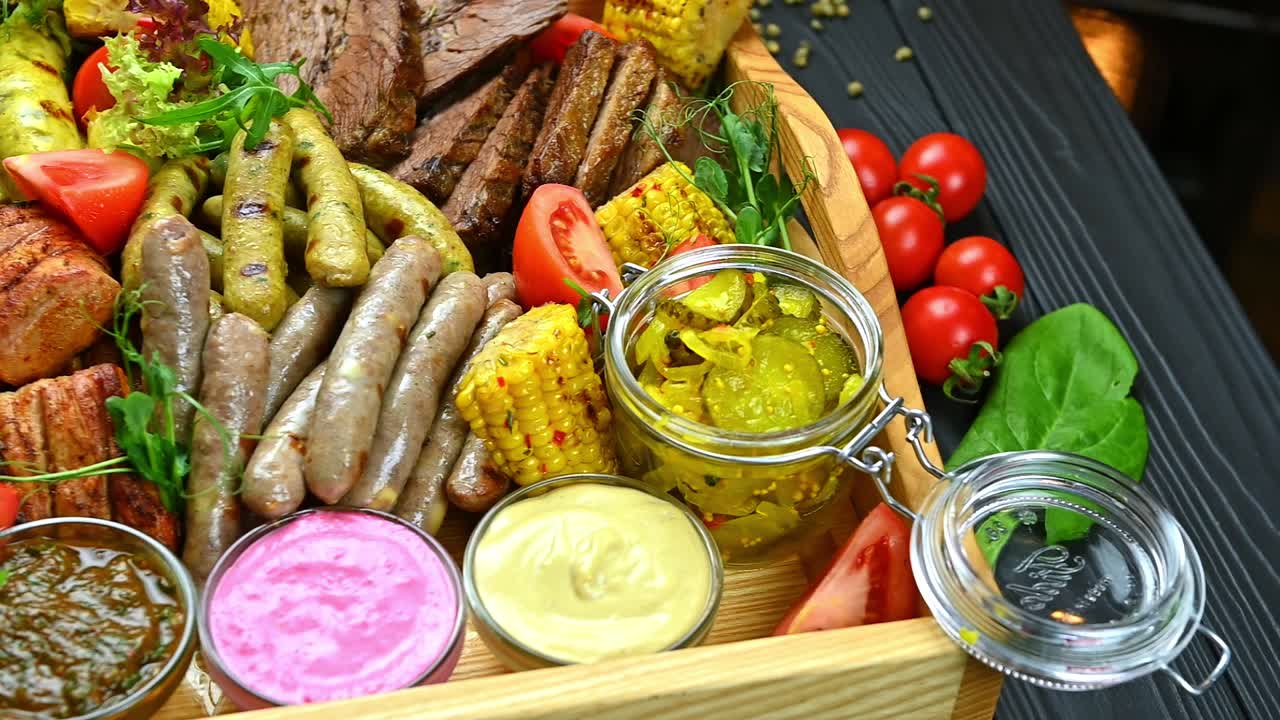 Carni alla griglia e verdure fresche servite su un grande piatto di legno. Un grande piatto di legno contiene carni alla griglia, verdure e varie salse con guarnizioni colorate