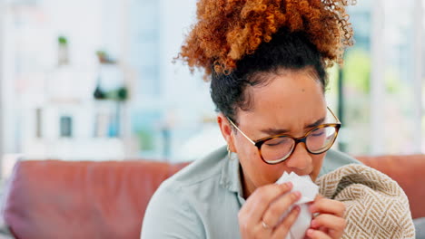 sick, sofa and woman sneezing in a tissue