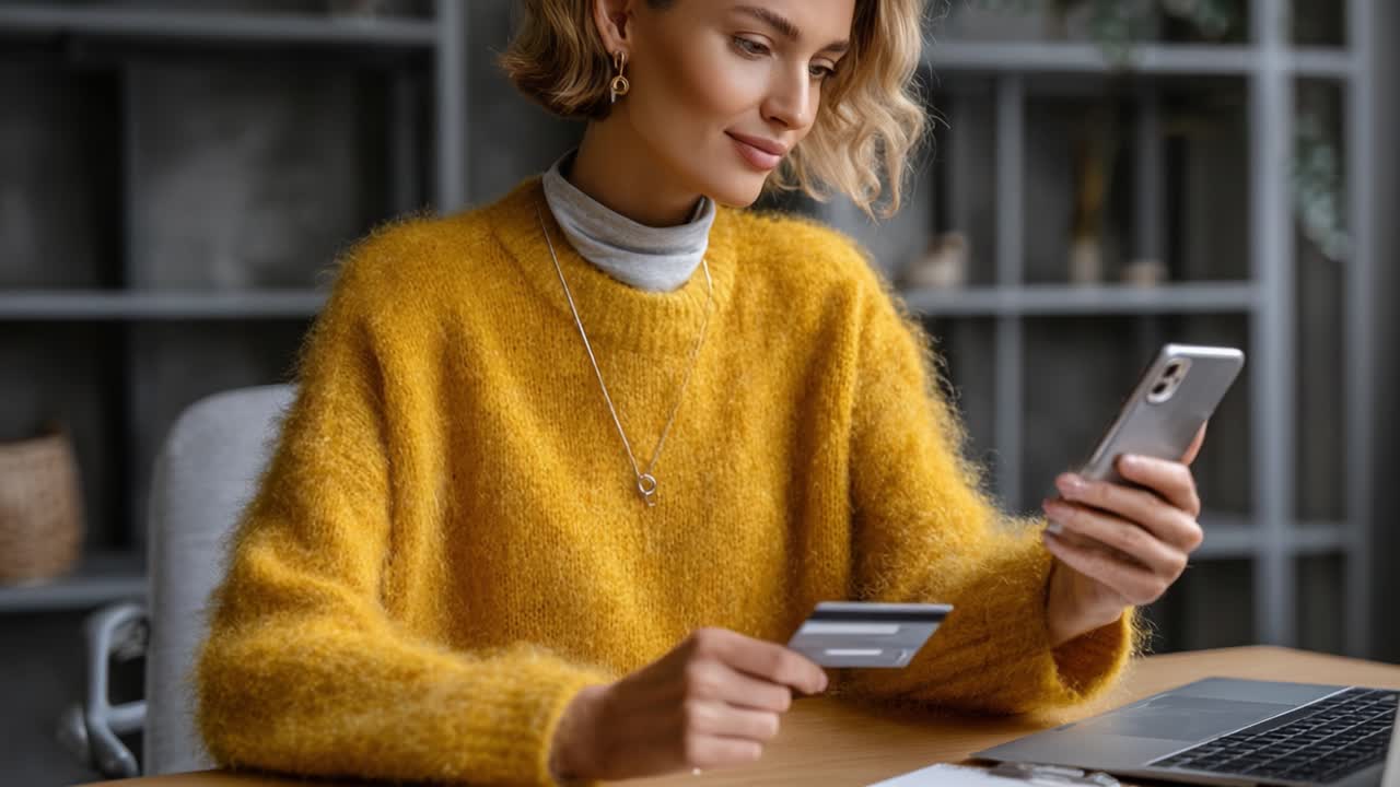A Focused Young Woman in a Cozy Sweater Engages with Her Phone While Holding a Credit Card, Showcasing Modern Online Shopping and Financial Management