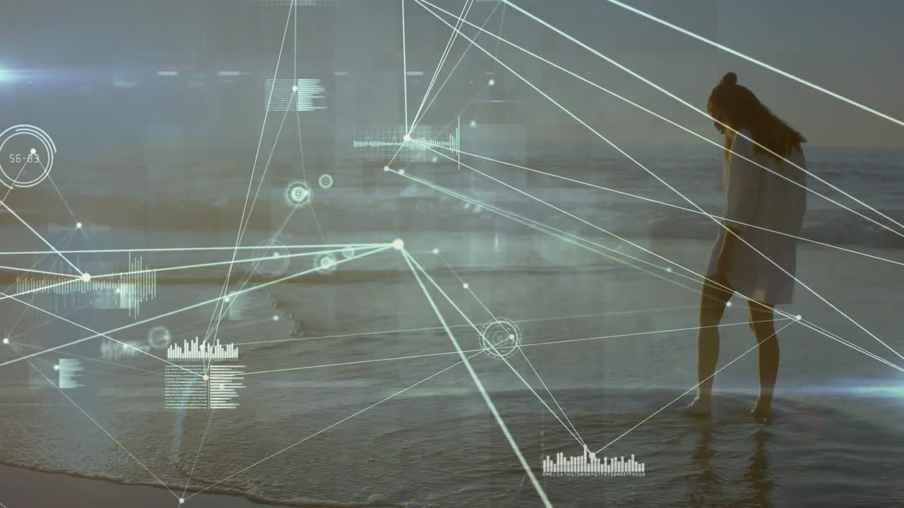 Woman walking shore, lifting foot to test water, sparking animated tech HUD converging around her