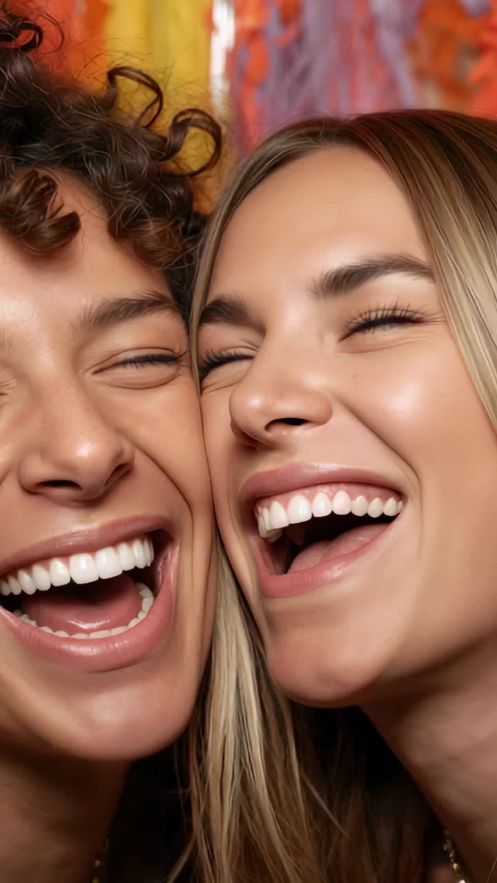 Vídeo vertical: Primer plano de dos adultos compartiendo risas cada vez más fuertes en un estudio con un fondo de pintura