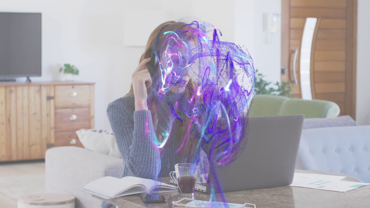 Woman placing headphones activating energy swirl around laptop notebook boosting remote work focus