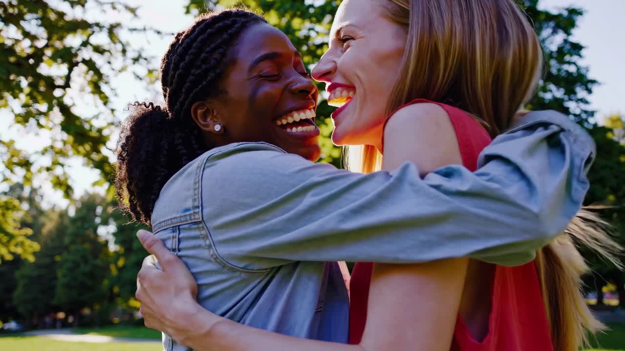 Un video spontaneo riprende due amici che ridono in un parco illuminato dal sole