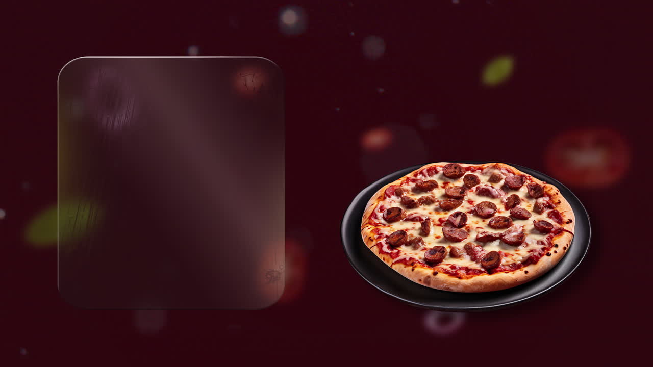 Spicy Sausage Pizza in a cinematic food animation video - perfect for bakeries to add name, price or slogan on the glass panel