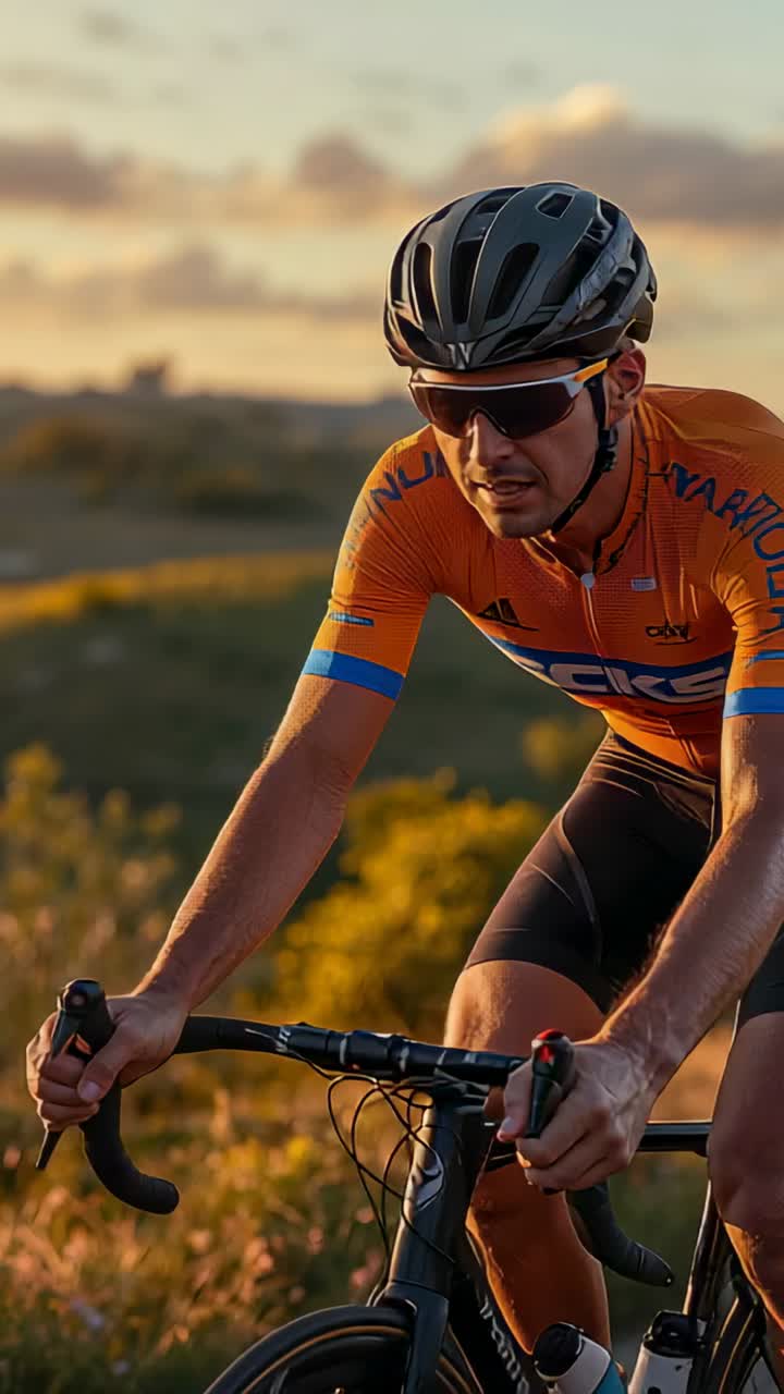 Vertical video: Pedaling cyclist being prompted by countryside light, gripping drops, orange jersey