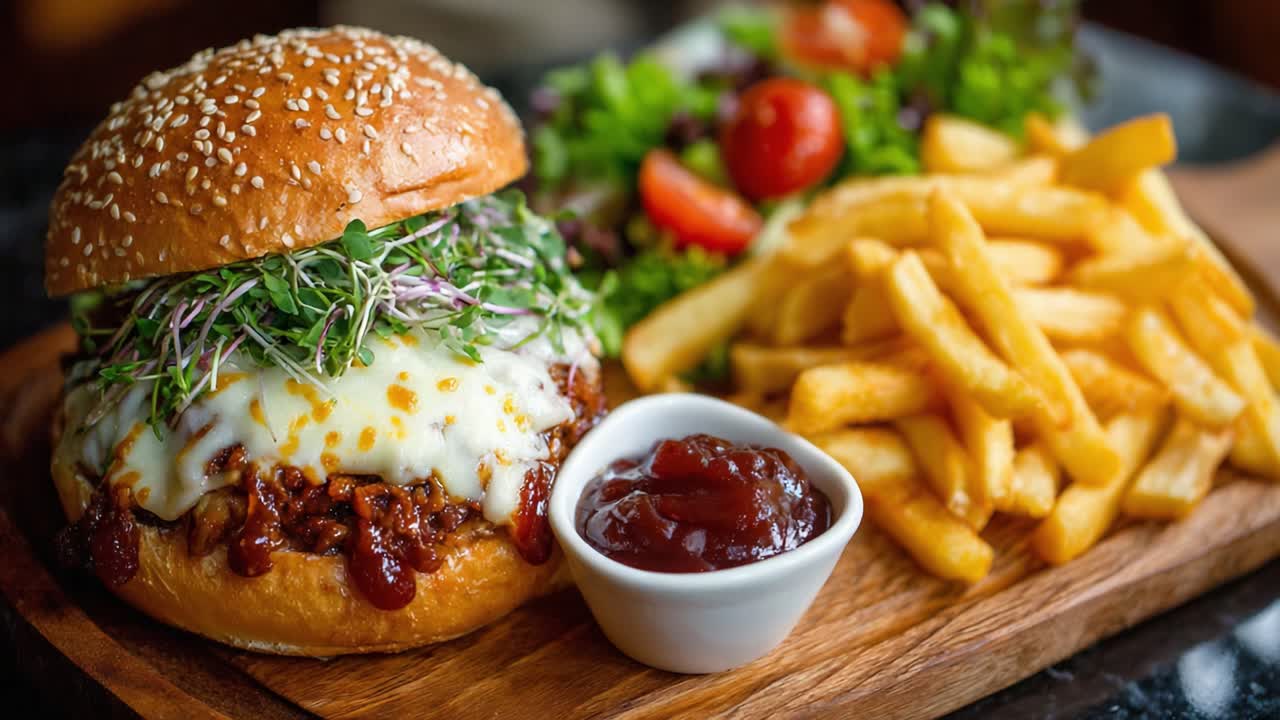 Delizioso hamburger gourmet con formaggio fuso, verdure fresche, patatine croccanti e ketchup saporito servito su un rustico piatto di legno: una delizia culinaria da acquolina in bocca
