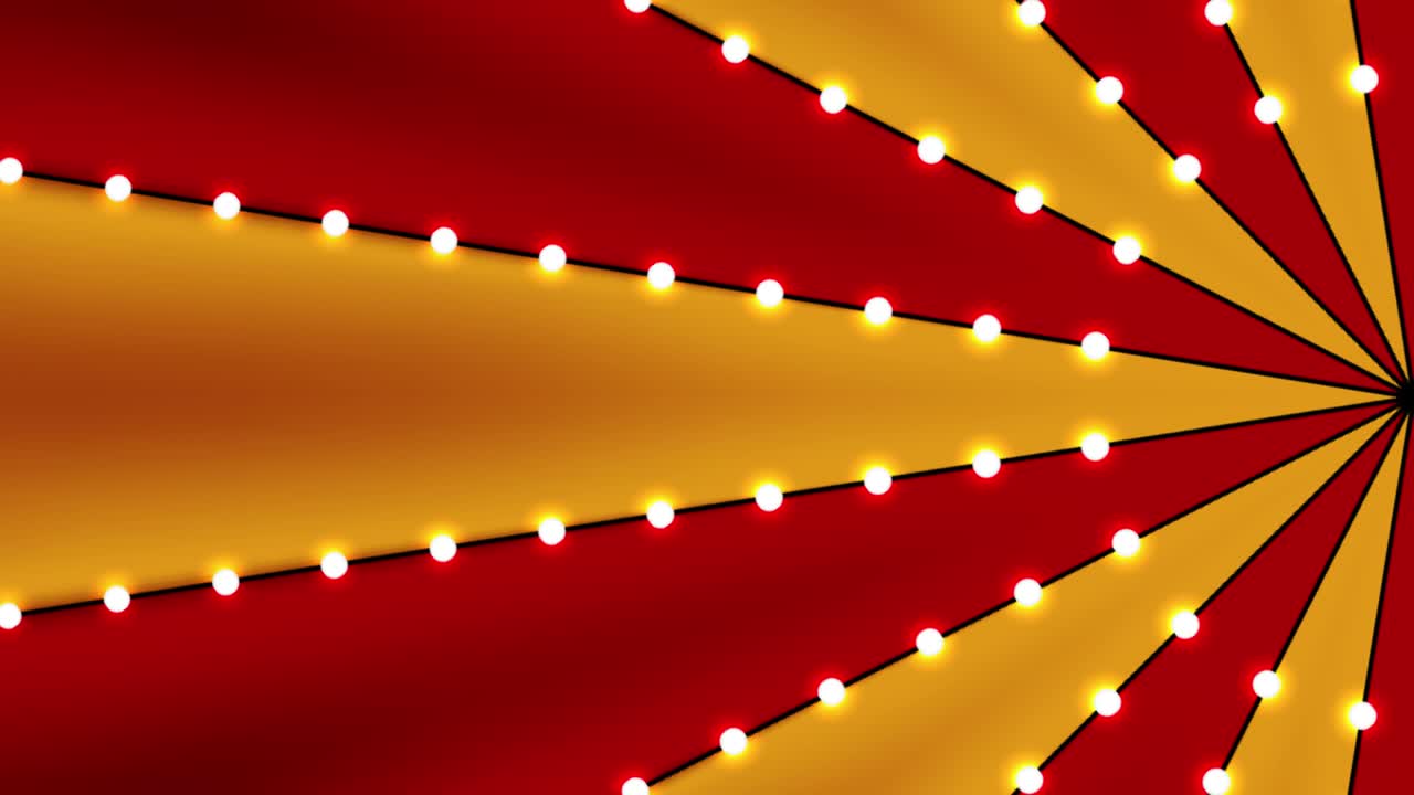 circo rotación animada fondo en bucle de líneas rojas y doradas franja con constelaciones de estrellas bombillas de bronceado. retro movimiento gráfico carnaval rayo de sol