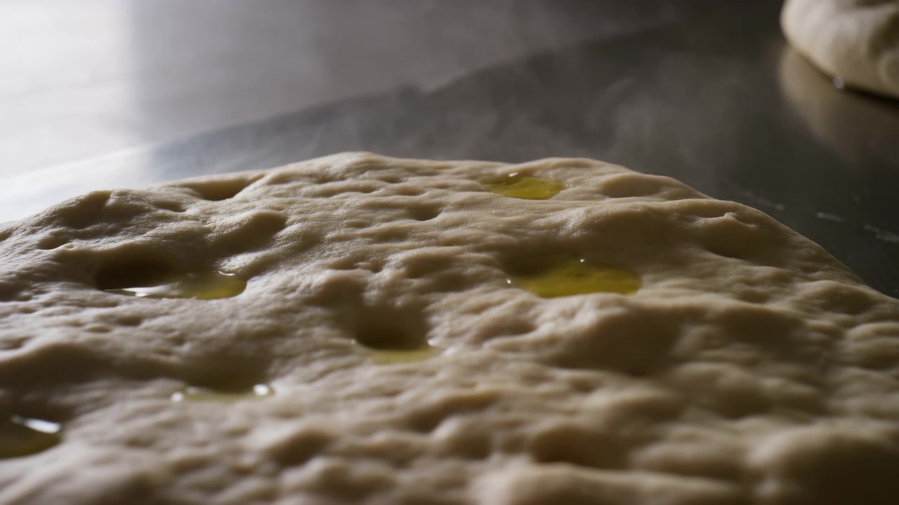 Primo piano di impasto morbido che si stende su un bancone di metallo con una delicata luce laterale e uno sfondo sfocato della cucina, suggerendo la preparazione del pane in una panetteria.
