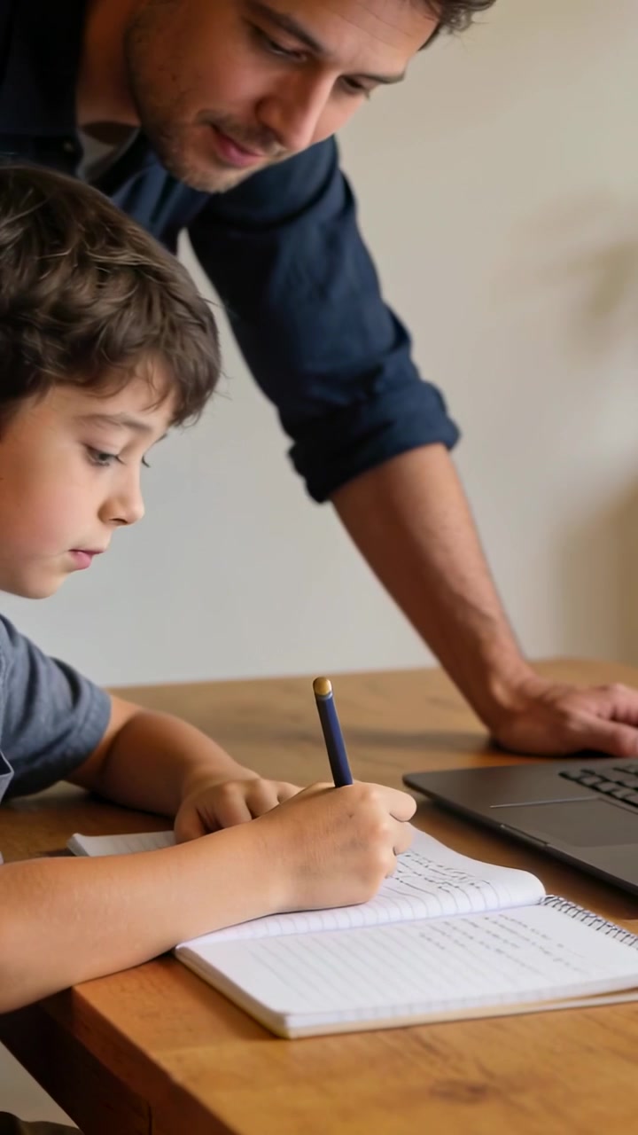 Video verticale: Papà con maglietta scura che indica e aiuta il figlio con i compiti alla scrivania di casa, con un quaderno.