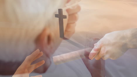 holding scroll with cross shadow, person appearing thoughtful in animation scene