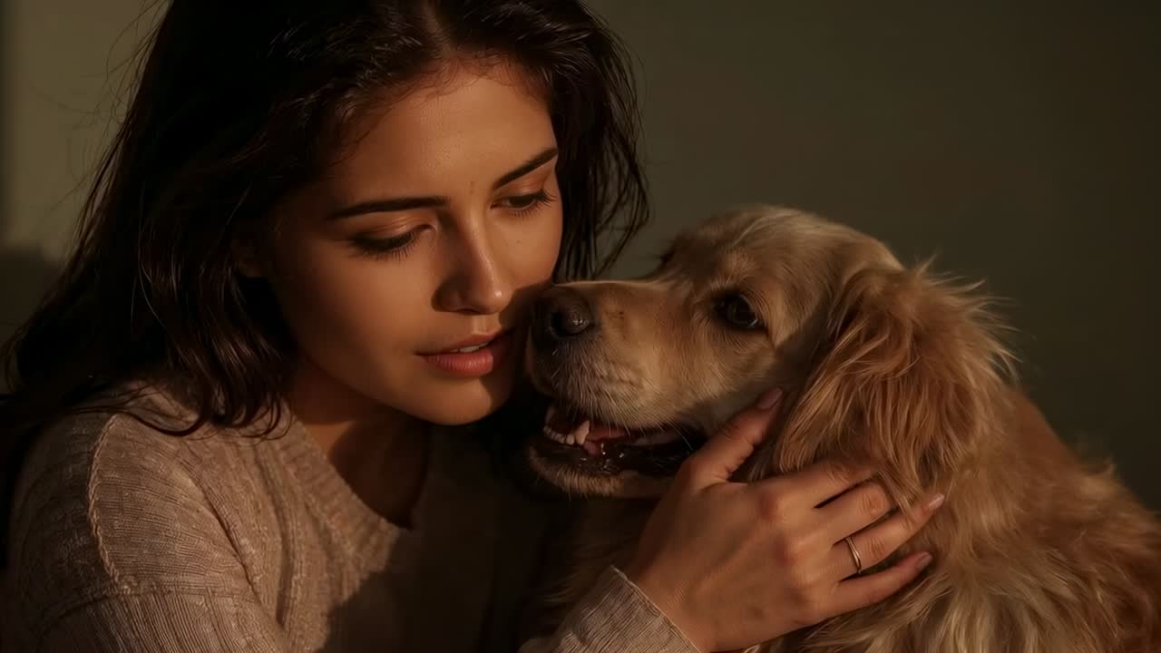 Com uma inclinação para golden retriever, mulher segurando o pescoço enquanto o cachorro cutuca a mandíbula, mostrando o anel em casa