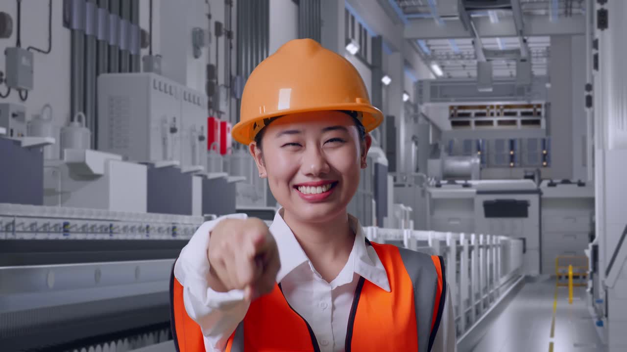 Close Up Of Asian Female Engineer With Safety Helmet Smiling And Touching Her Chest Then Pointing At You At Pharmaceutical Factory, Vaccine Production Facility