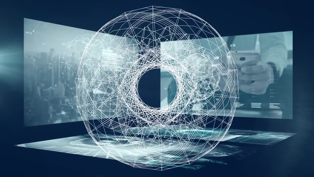 해군 배경의 화면에 다양한 과학 데이터에 대한 기하학적 모양의 애니메이션