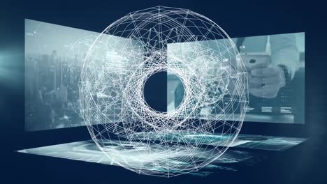 animation of geometrical shapes over diverse scientific data on screens on navy background