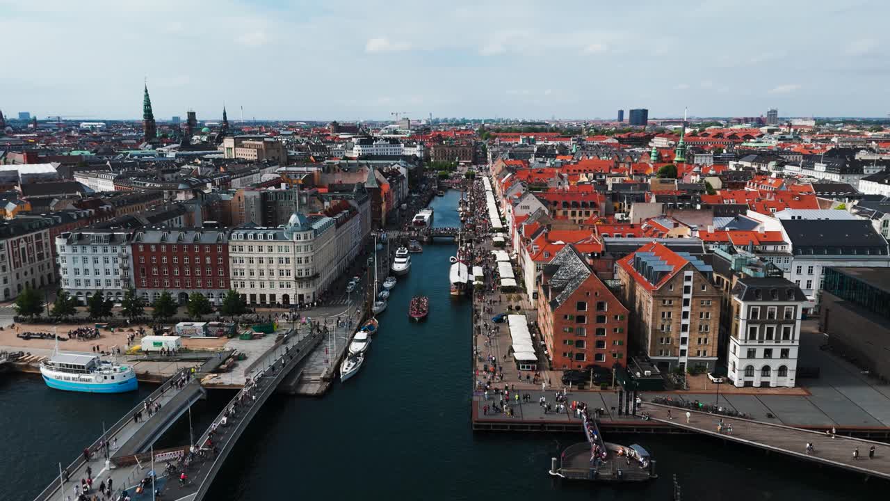 Aerial - historic Nyhavn canal entrance, Copenhagen landscape, Denmark