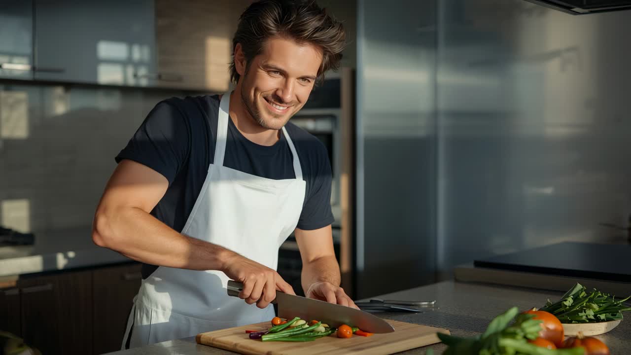 Picking up chef's knife, apron-clad cook chopping tomatoes and veggies on kitchen island for salad