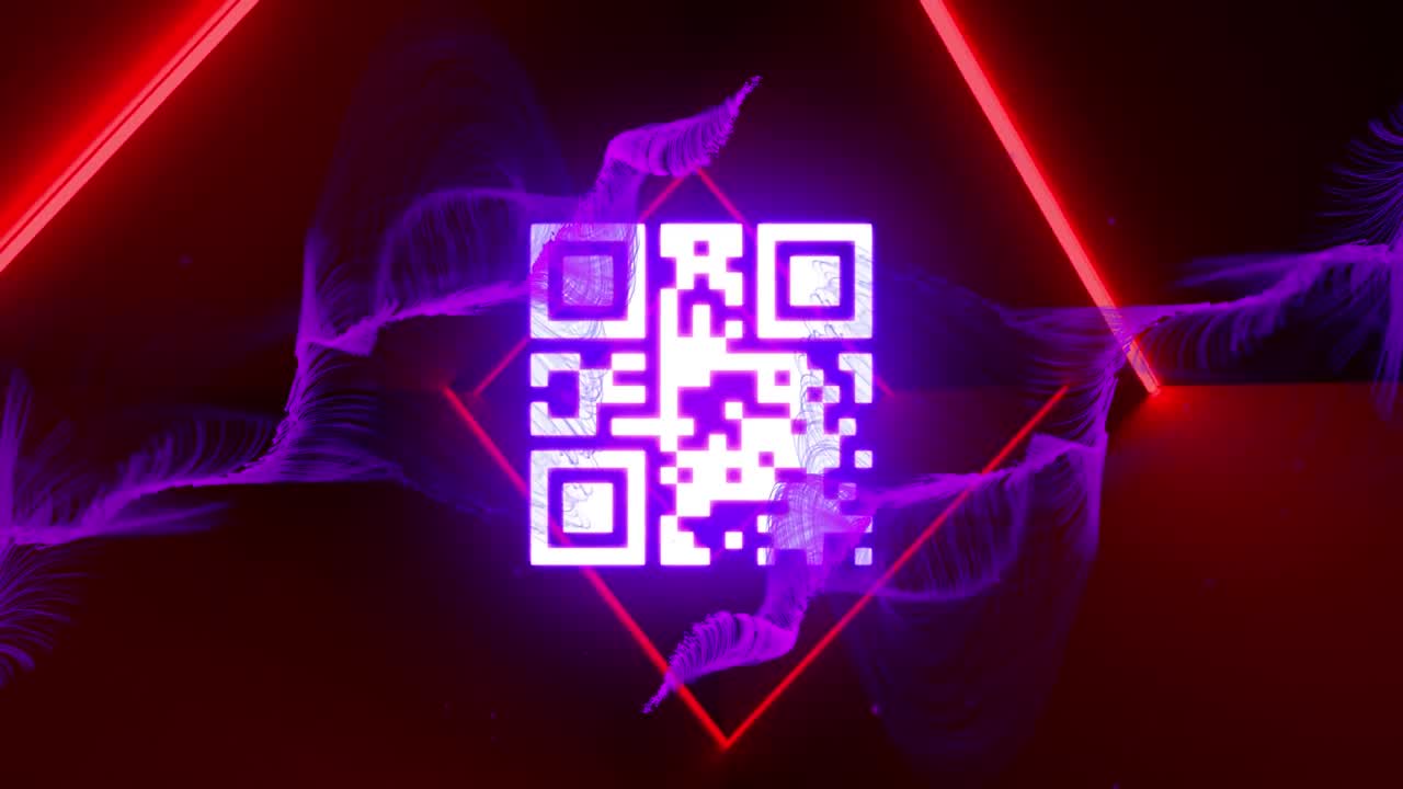 QR code scanner with neon elements against digital waves on black background
