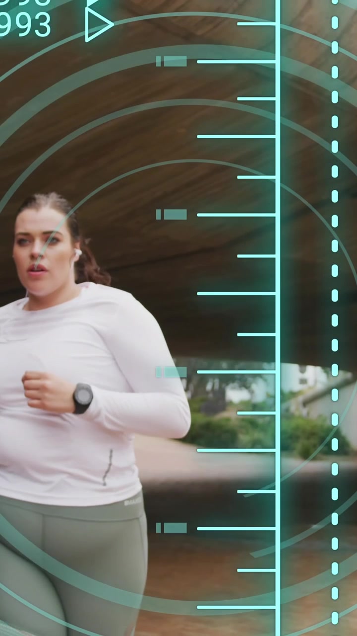 Animation of data processing over plus size caucasian woman exercising in city