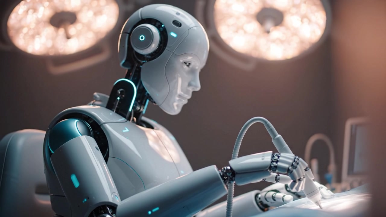 Robotica medica avanzata: un assistente chirurgico futuristico che dimostra precisione e innovazione nell'ambiente della sala operatoria