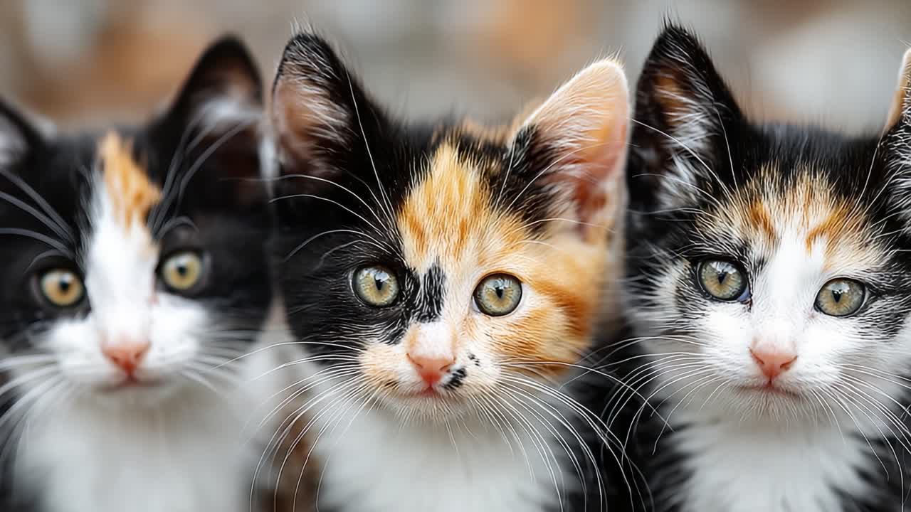 Tre adorabili gattini calico giocano insieme con i loro motivi unici e le espressioni giocose catturati in un bellissimo primo piano