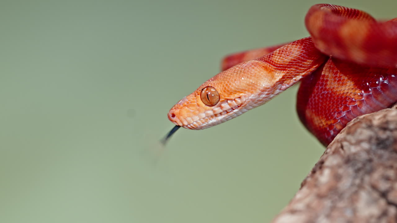 Bright red snake with sharp eyes, tongue flicking out in a close-up shot