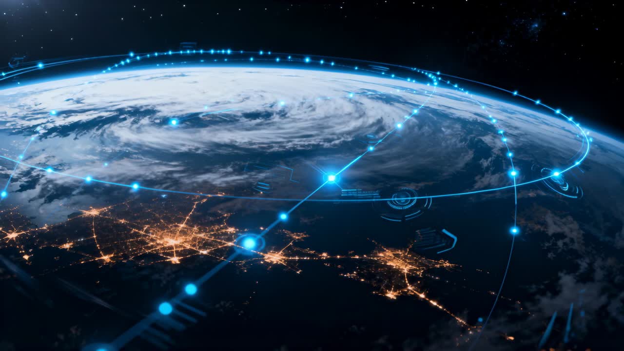 Camera panning planet ring lighting nodes and linking city lights tracing network for technology