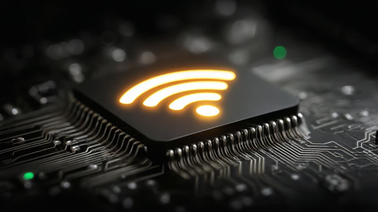Illuminated Wi-Fi Signal Icon on Circuit Board Background, Showcasing Modern Technology and Connectivity in a Detailed Close-Up