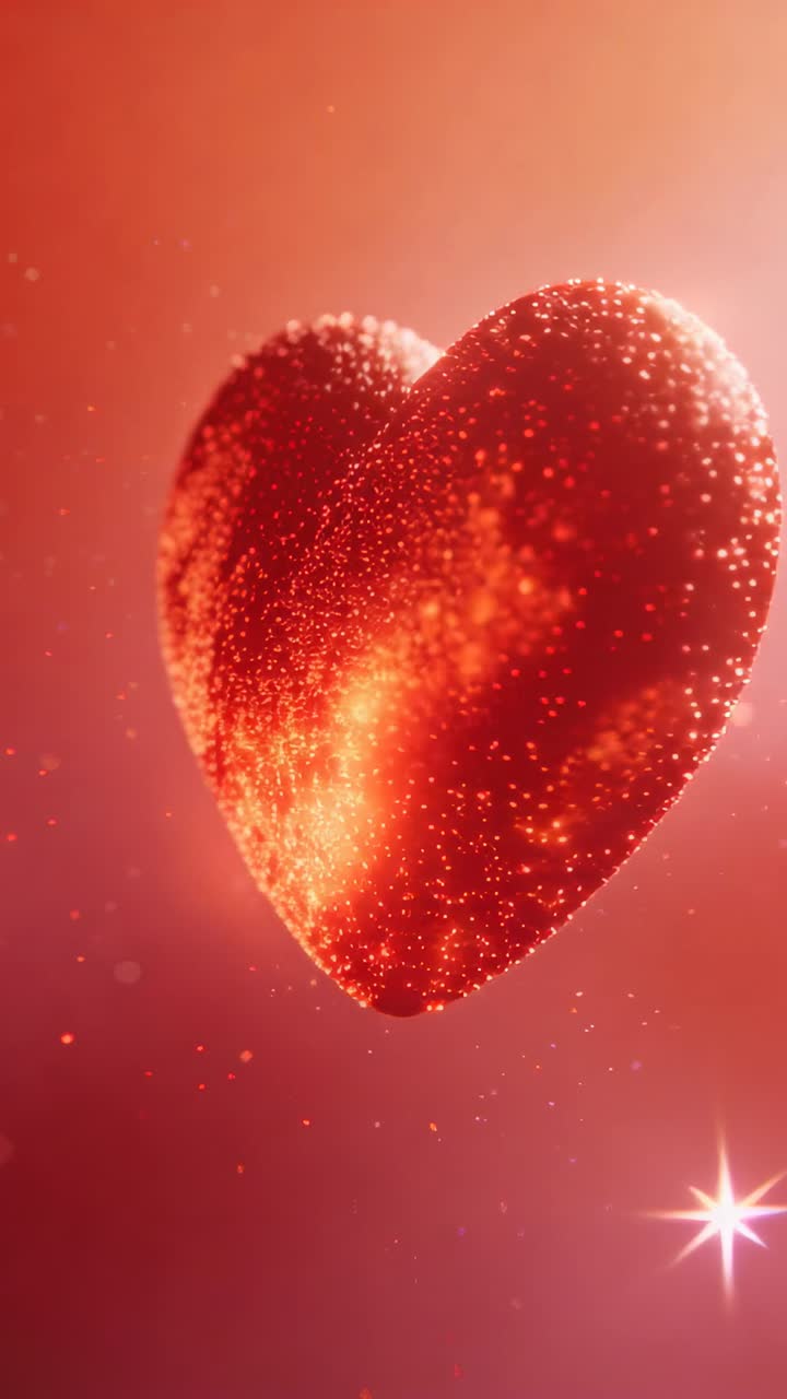 Video verticale: Cuore rosso di perline che ruota in primo piano in uno spazio con gradiente caldo, mostrando la texture delle perline.