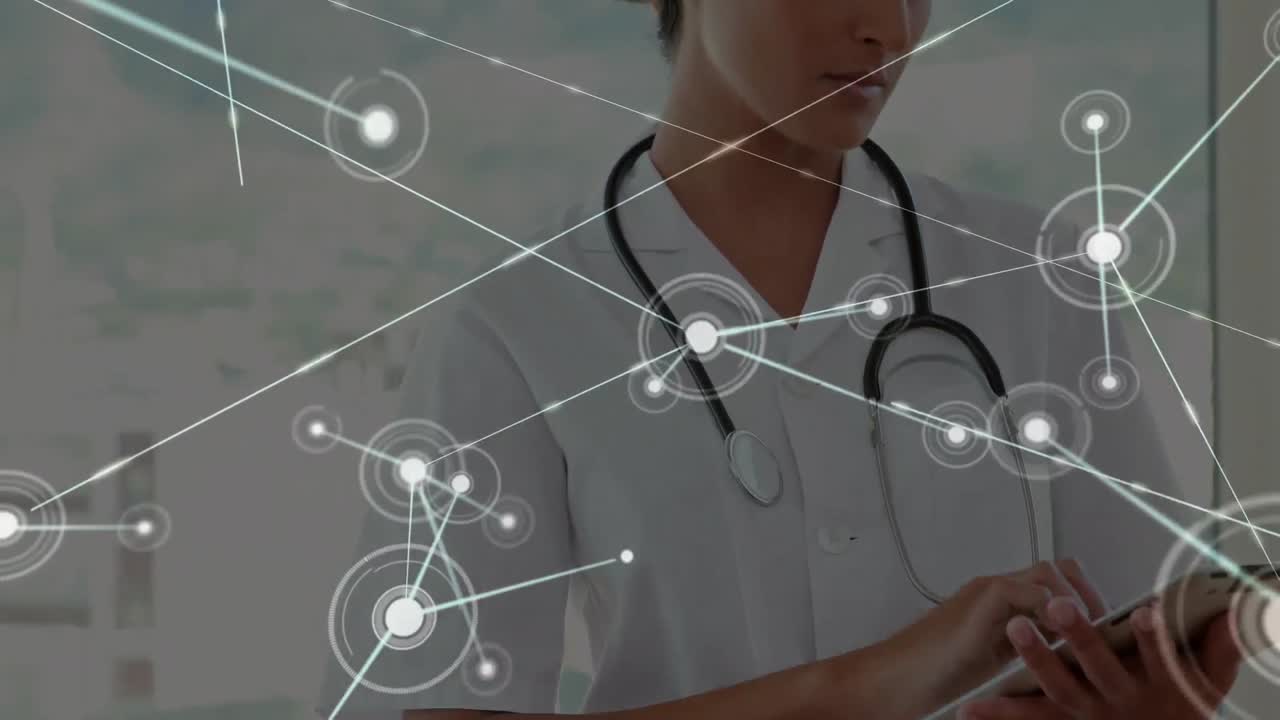 animación de la red de conexiones sobre el médico caucásico masculino