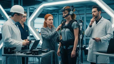 a team of scientists and engineers collaborate on advanced technology for human augmentation in a high-tech lab environment, shaping the future of human performance.