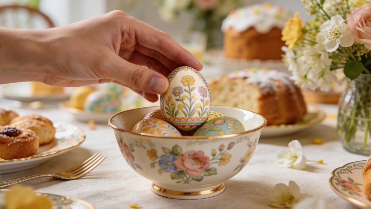 Reaching adult hand pinching, lifting, rotating painted egg from china bowl showing floral motif